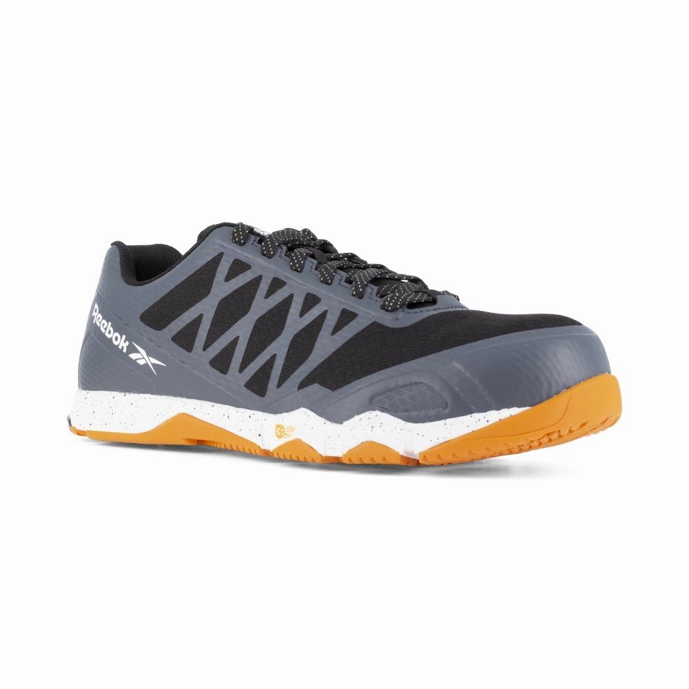 Reebok Speed Tr Athletic Work Shoe Men's Composite Toe Rb4453 In Grey And Orange desert running sneakers Friction Reduction Tech