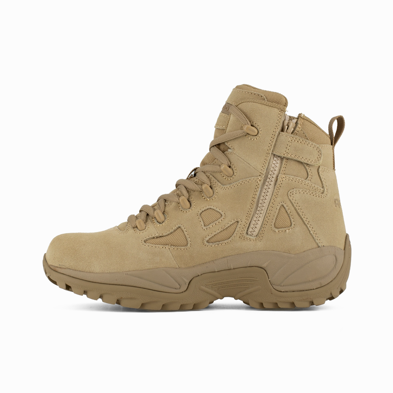 Adjustable Gaiter Compatibility Moisture Wicking Socks Reebok Work Rapid Response RB RB8695 Men's 6" Stealth Boot with Side Zipper In Desert Tan