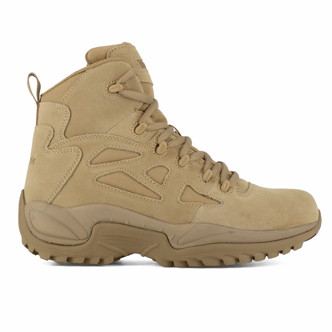 Energy Return Foam Reebok Work Rapid Response RB RB8695 Men's 6" Stealth Boot with Side Zipper In Desert Tan