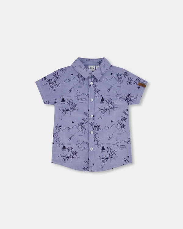 Surf Mood Printed Blue Chambray Shirt - Beach