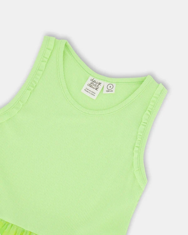 Shiny Ribbed Dress With Mesh Flocking Flowers Lime Seasonal Style