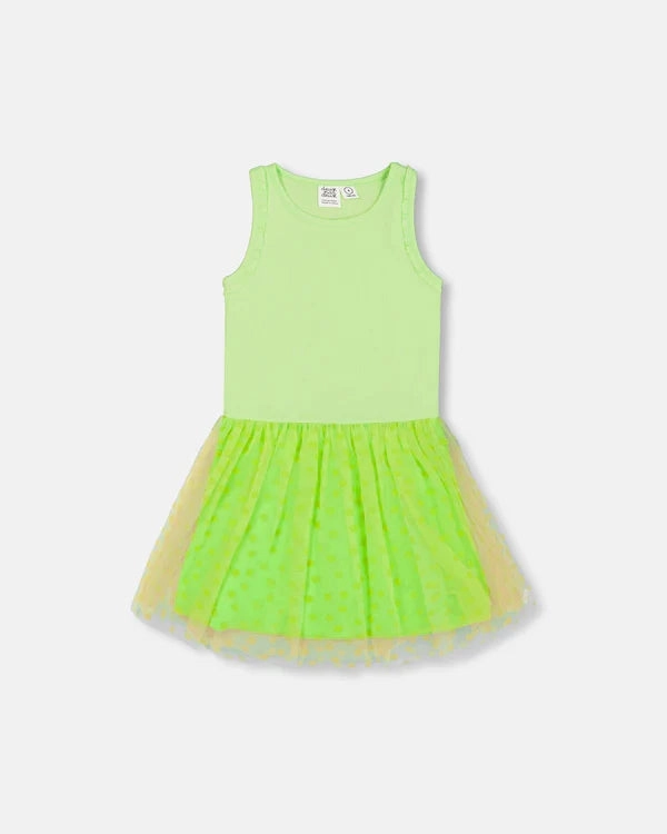 Energy Flow Shiny Ribbed Dress With Mesh Flocking Flowers Lime