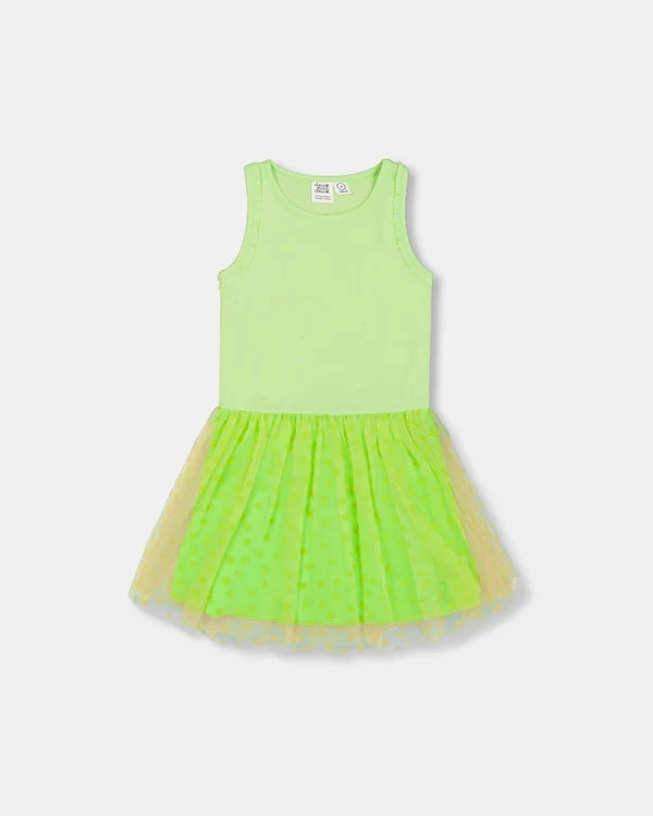 Shiny Ribbed Dress With Mesh Flocking Flowers Lime Warm Layers