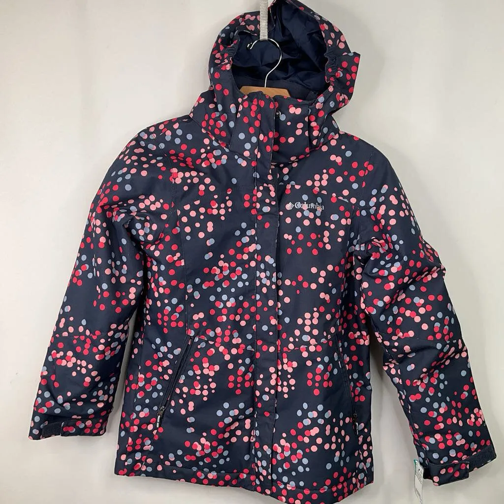 Size 10-12: Columbia Omni-Heat Navy Blue Pink Polka Dot Hooded Zip-up Coat Noise Free Movement QuickRelease Buckles
