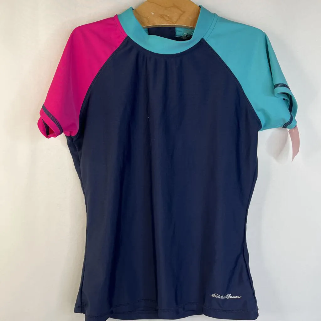 Low Profile Lining Stretch Recovery Fabric Size 10-12: Eddie Bauer Navy Blue, Pink & Light Blue Short Sleeve Swim Shirt