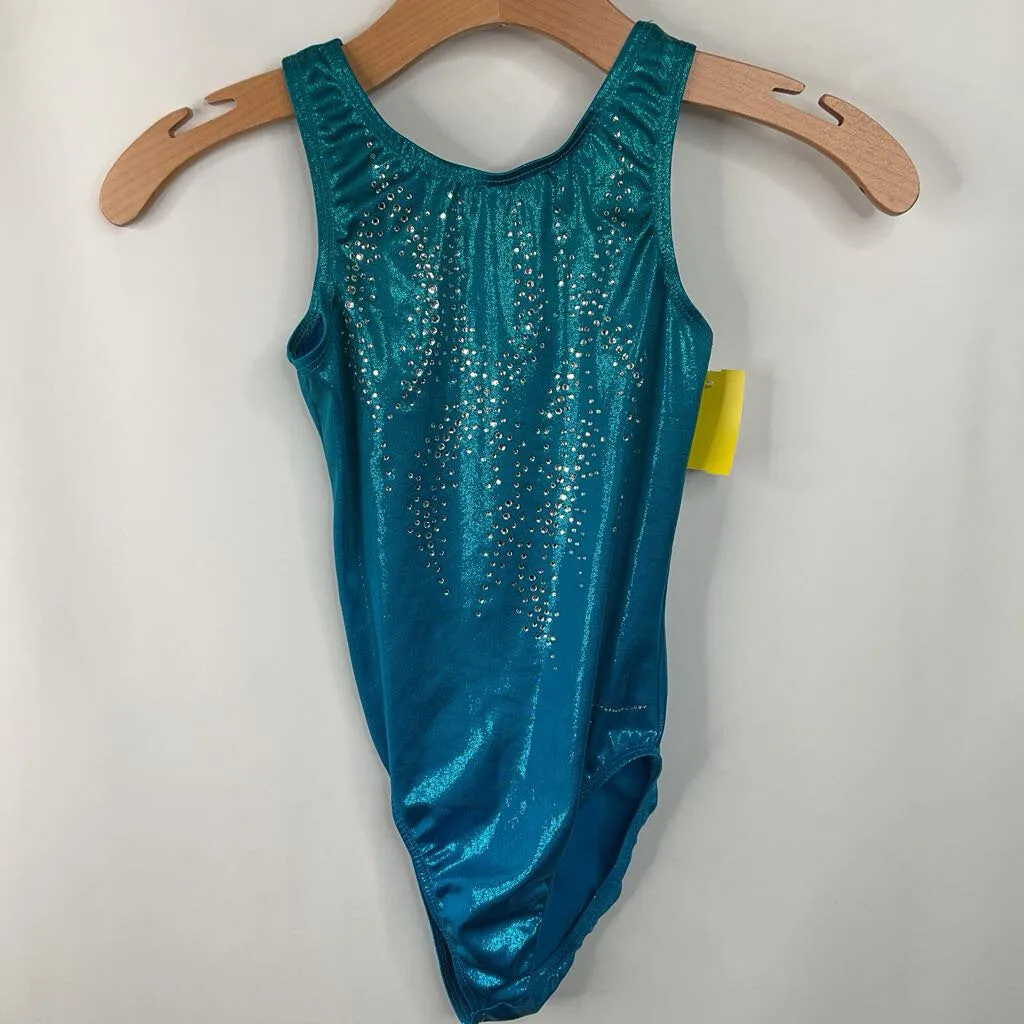 Size 12 (L): Destira Blue Bedazzled Leotard ribbed bodysuit