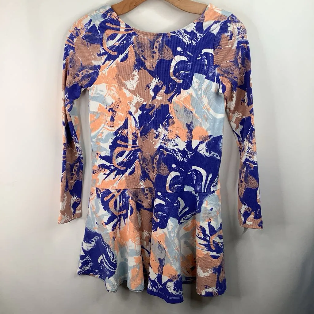 Upcycled Size 12: Tea Blue/Orange/Brown Splattered Long Sleeve Dress