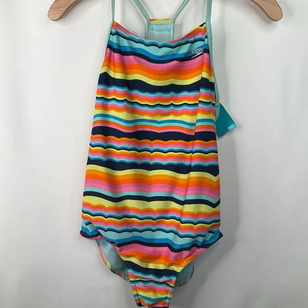 Size 16: Speedo Colorful Striped 1pc Swimsuit Subtle Glow Abrasion Resistant Panels