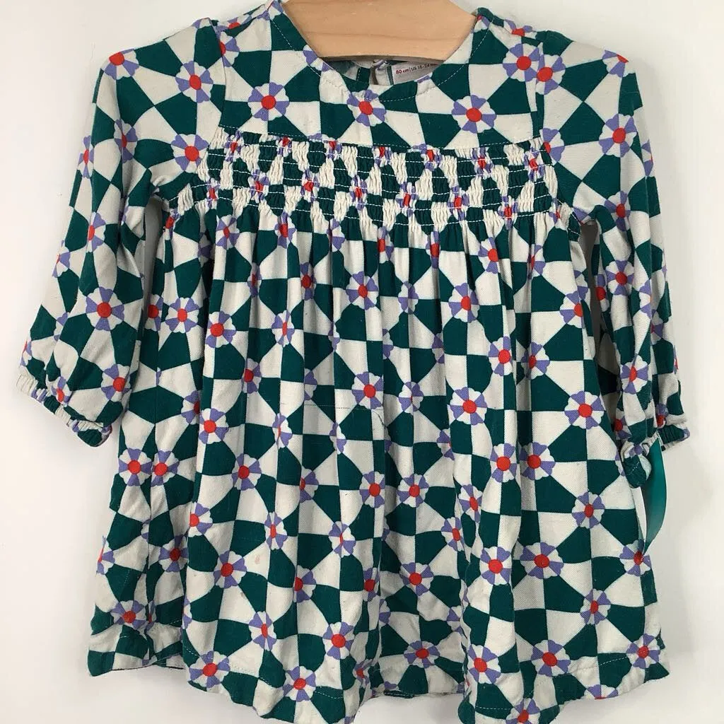 Size 18-24m (80): Hanna Andersson White/Teal Floral Long Sleeve Dress Trendy Vibe Elegant Piece