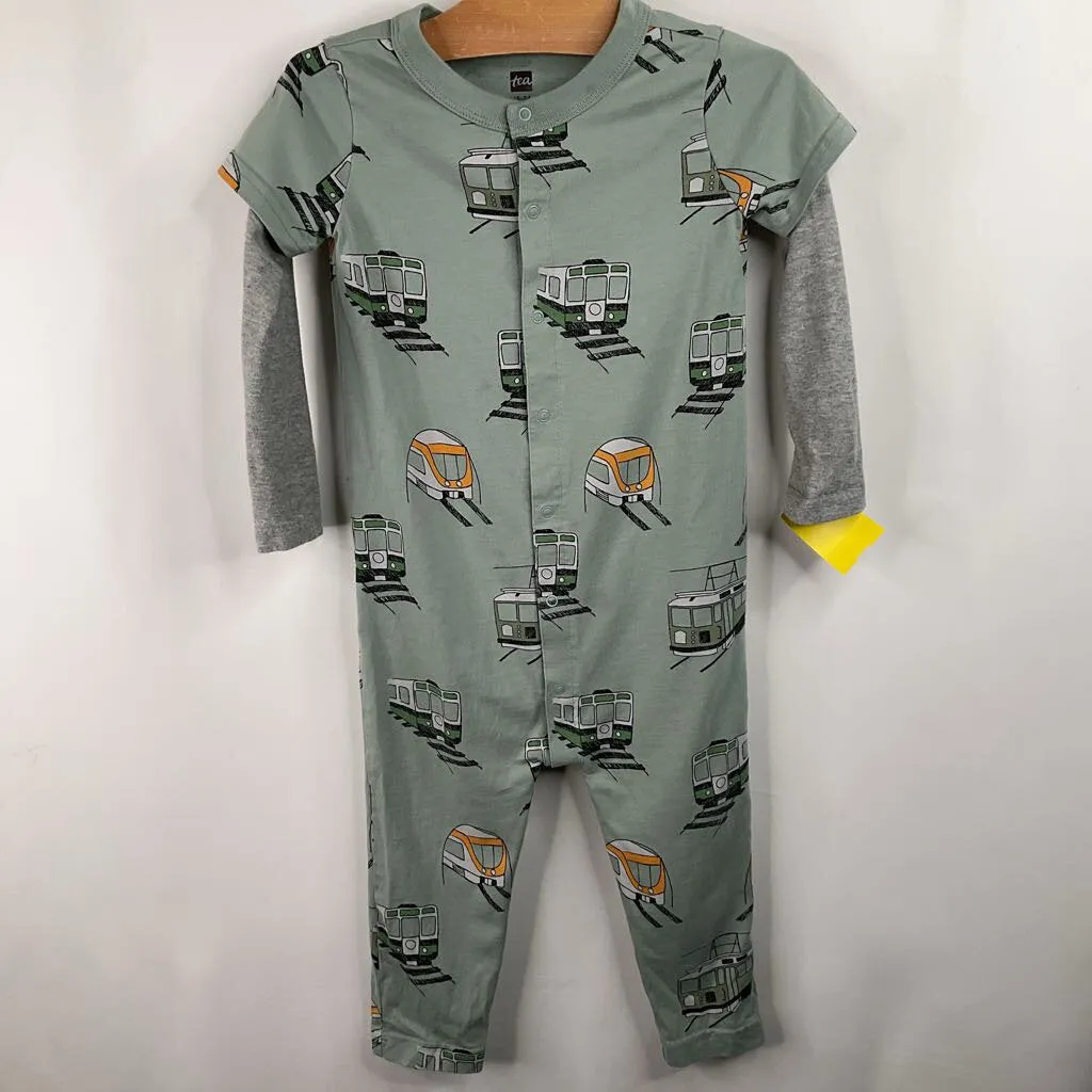 Size 18-24m: Tea Green Train Print Romper Breathable kids' wear