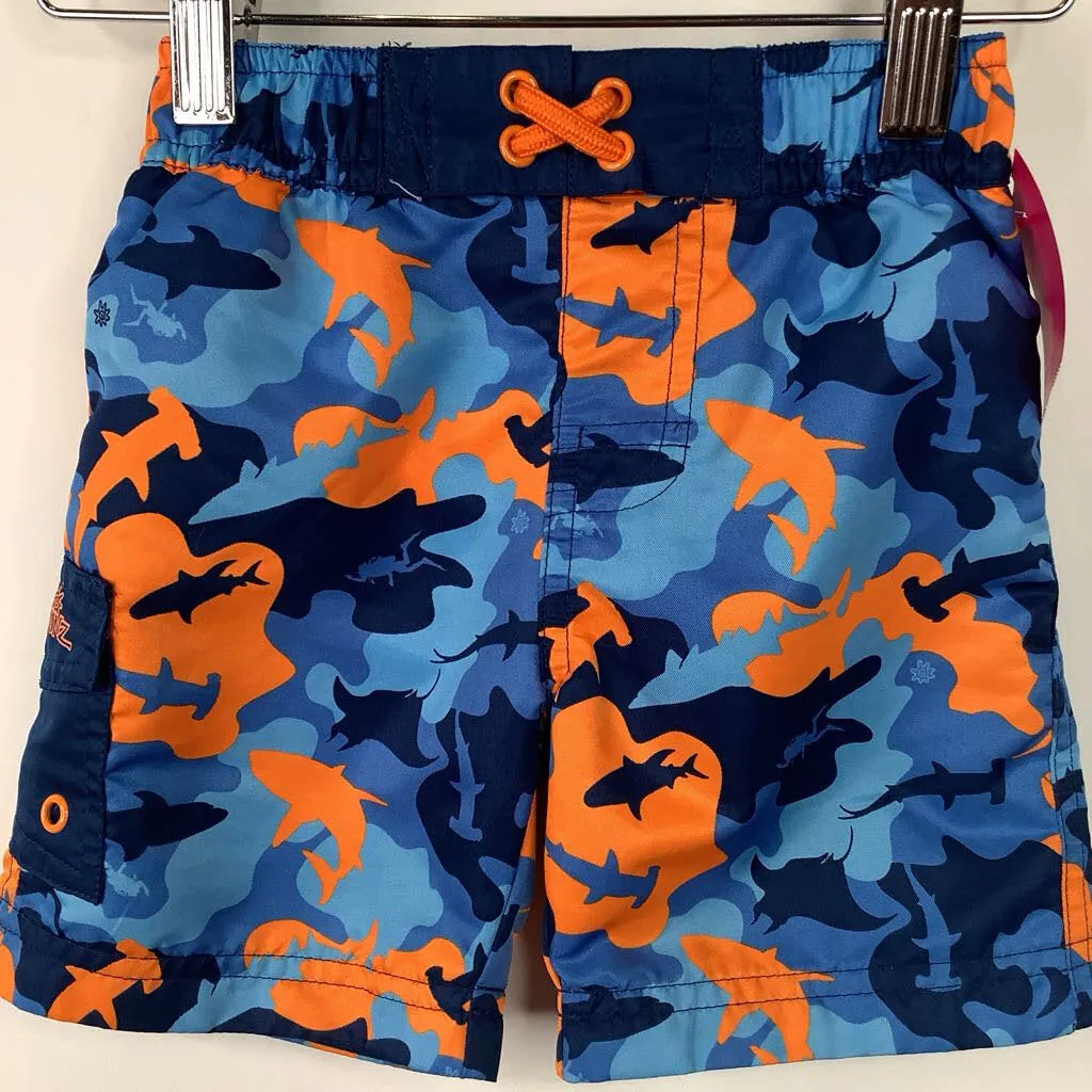 Size 2: UV Skinz Blue/Orange Shark Camo Drawstring Swimtrunks Year - Round Big - and - tall