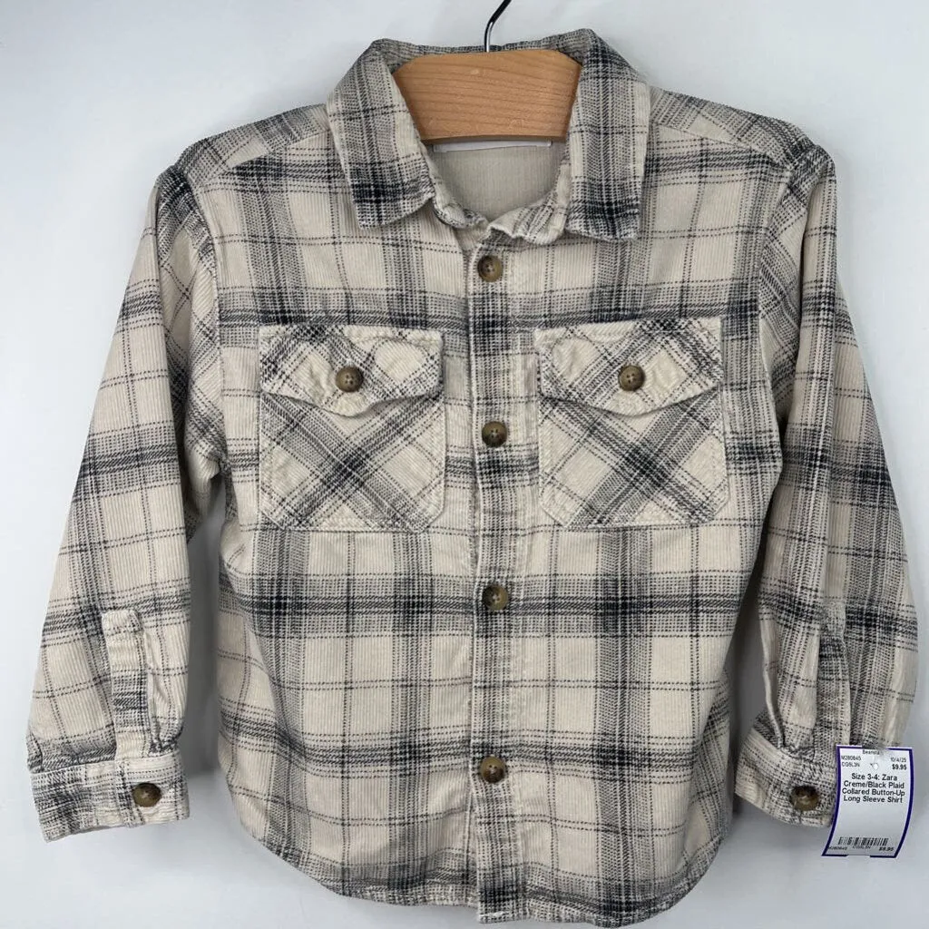 Casual Touch Practical Comfort Size 3-4: Zara Creme/Black Plaid Collared Button-Up Long Sleeve Shirt