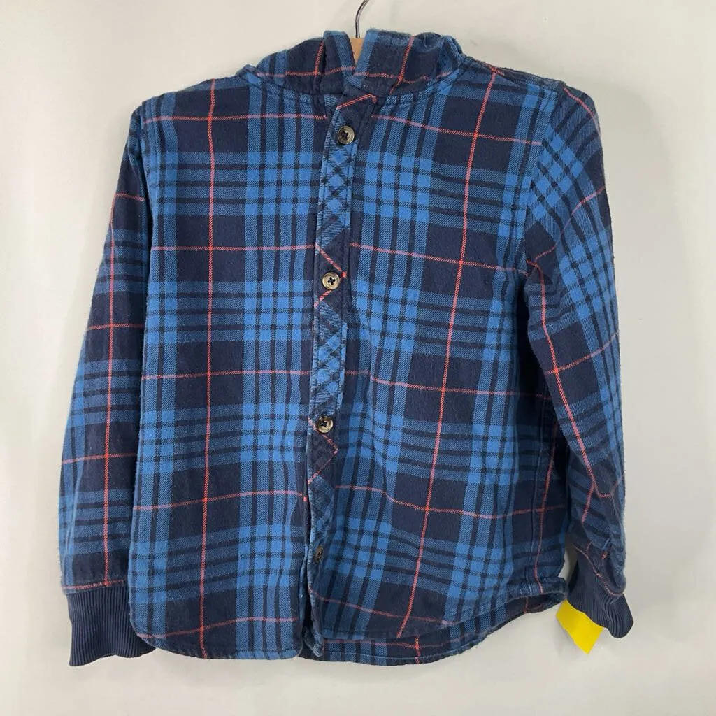 Size 4 (100): Hanna Andersson Blue Flannel Plaid Hoody Long Sleeve Button Up Shirt Wizard outfits for children