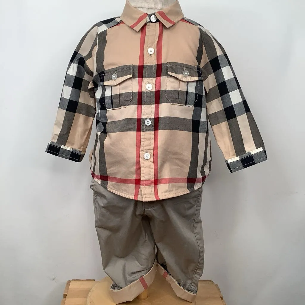 color - fast Plus - size Size 6-12m:Collectors Corner Burberry Tan/Red/Grey Plaid 2pc Shirt/Pants Set - collectors