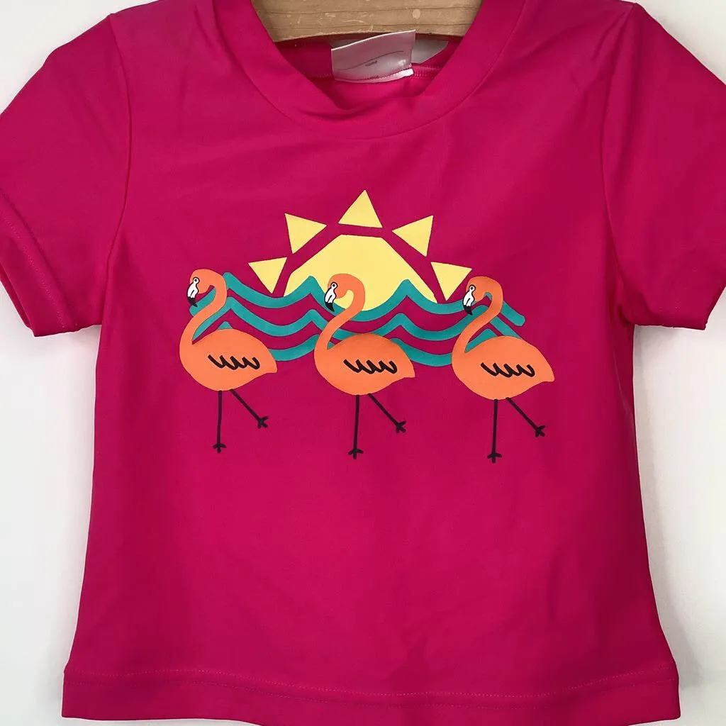 Plus - size Linen based outfits for children Size 6-7 (120): Hanna Andersson Pink Flamingo Print Swim T-Shirt -NEW W/Tag