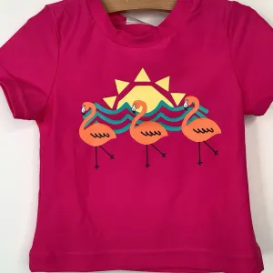 Size 6-7 (120): Hanna Andersson Pink Flamingo Print Swim T-Shirt -NEW W/Tag Performance Wear Day To Night