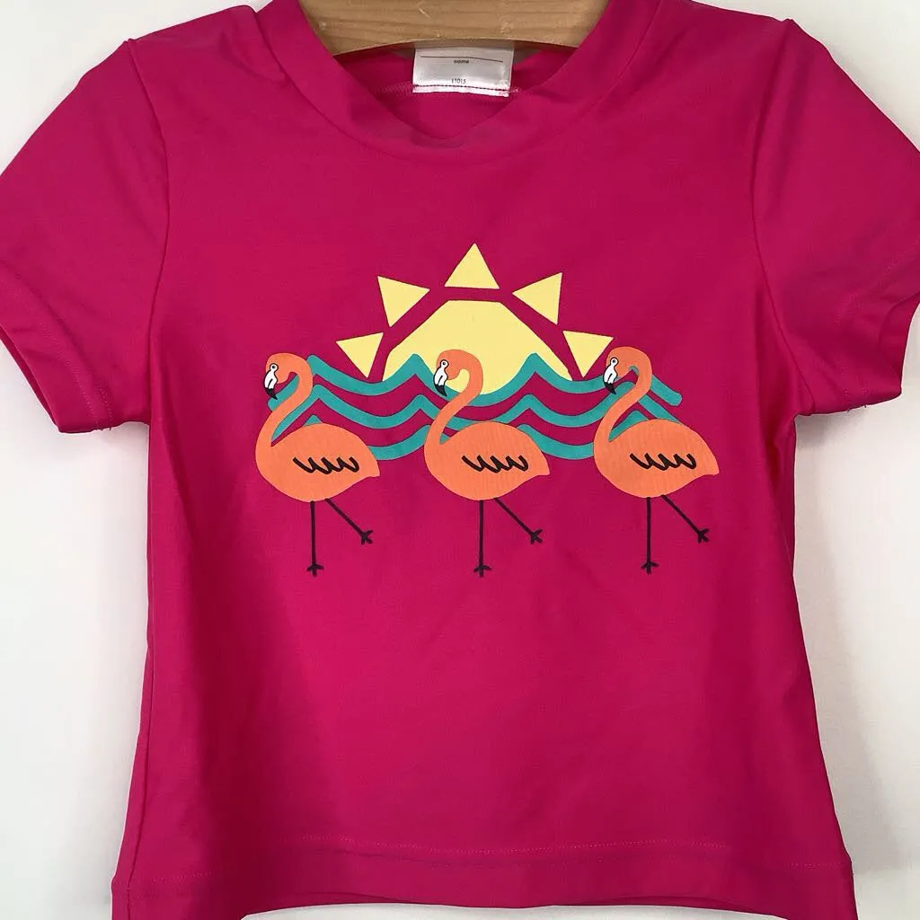 Size 6-7 (120): Hanna Andersson Pink Flamingo Print Swim T-Shirt -NEW W/Tag Mesh-Panels Seaside Relaxation