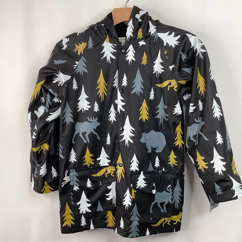 Size 8: Oaki Black/White/Yellow Trees Rain Coat Hood Fit