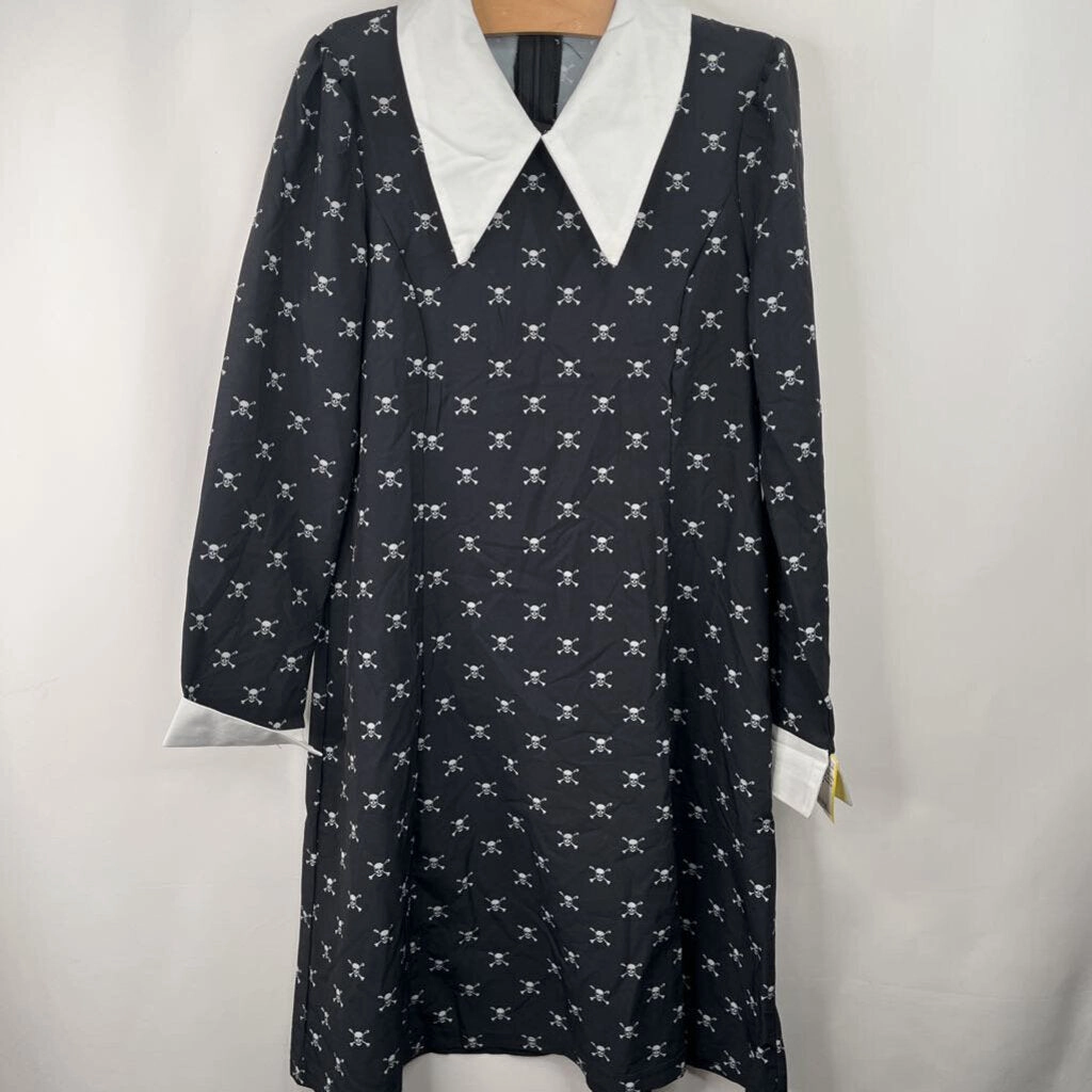Size 14-16: Black White Collar & Skulls Long Sleeve Dress 'Wednesday Adams' Costume