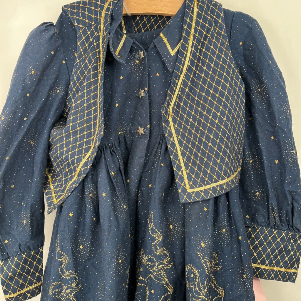 Size 6: Daisy Kingdom Dark Blue Gold Cherub/Angel/Stars Vintage Costume/Holiday Long Sleeve Dress