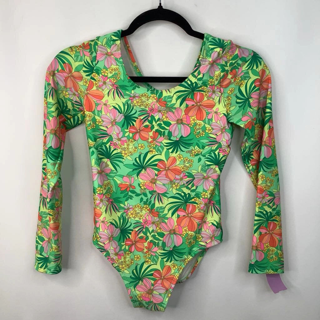 Maxi Dress Size XS: Green/Pink Floral Open Back Long Sleeve 1pc Swimsuit