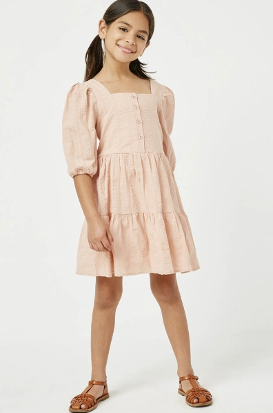 Girls Square Neck Button Detail Tiered Dress - Blush Self Love Star Fit