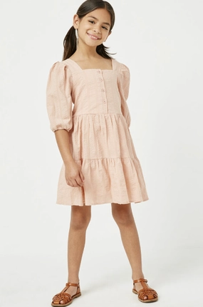 Girls Square Neck Button Detail Tiered Dress - Blush Cozy Fit Urban Chic