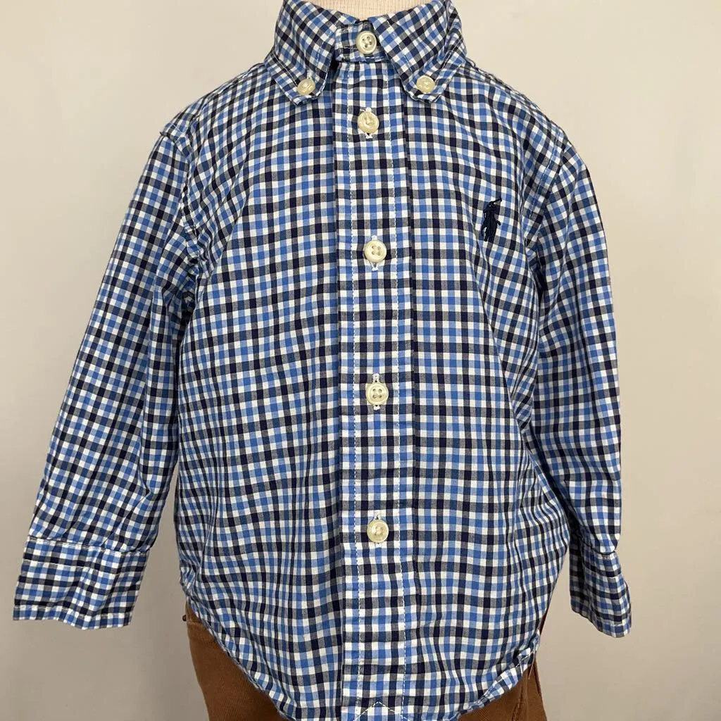 Collectors Corner Size 9m: Ralph Lauren Blue/Black Plaid Stretch Poplin Button Up Long Sleeve Shirt Striped Breathable kids' wear