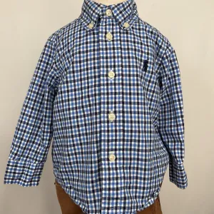 Collectors Corner Size 9m: Ralph Lauren Blue/Black Plaid Stretch Poplin Button Up Long Sleeve Shirt Iridescent kids' apparel