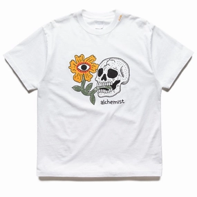Classic Fit Flexible Shoulder Seams Alchemist Floral Skull Tee - White