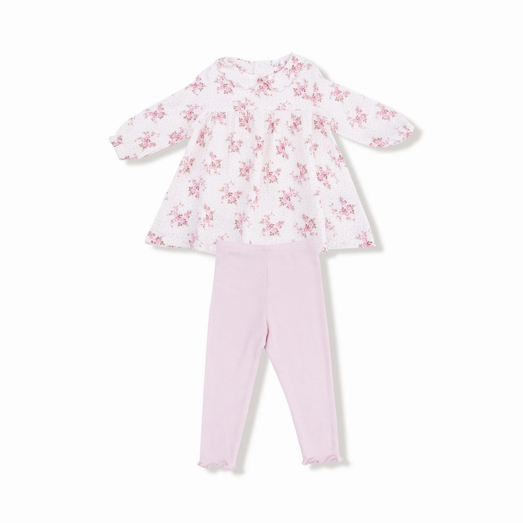 Belle Rosette Dot Long Sleeve Petal Collar Dress   Legging TaglessCollar