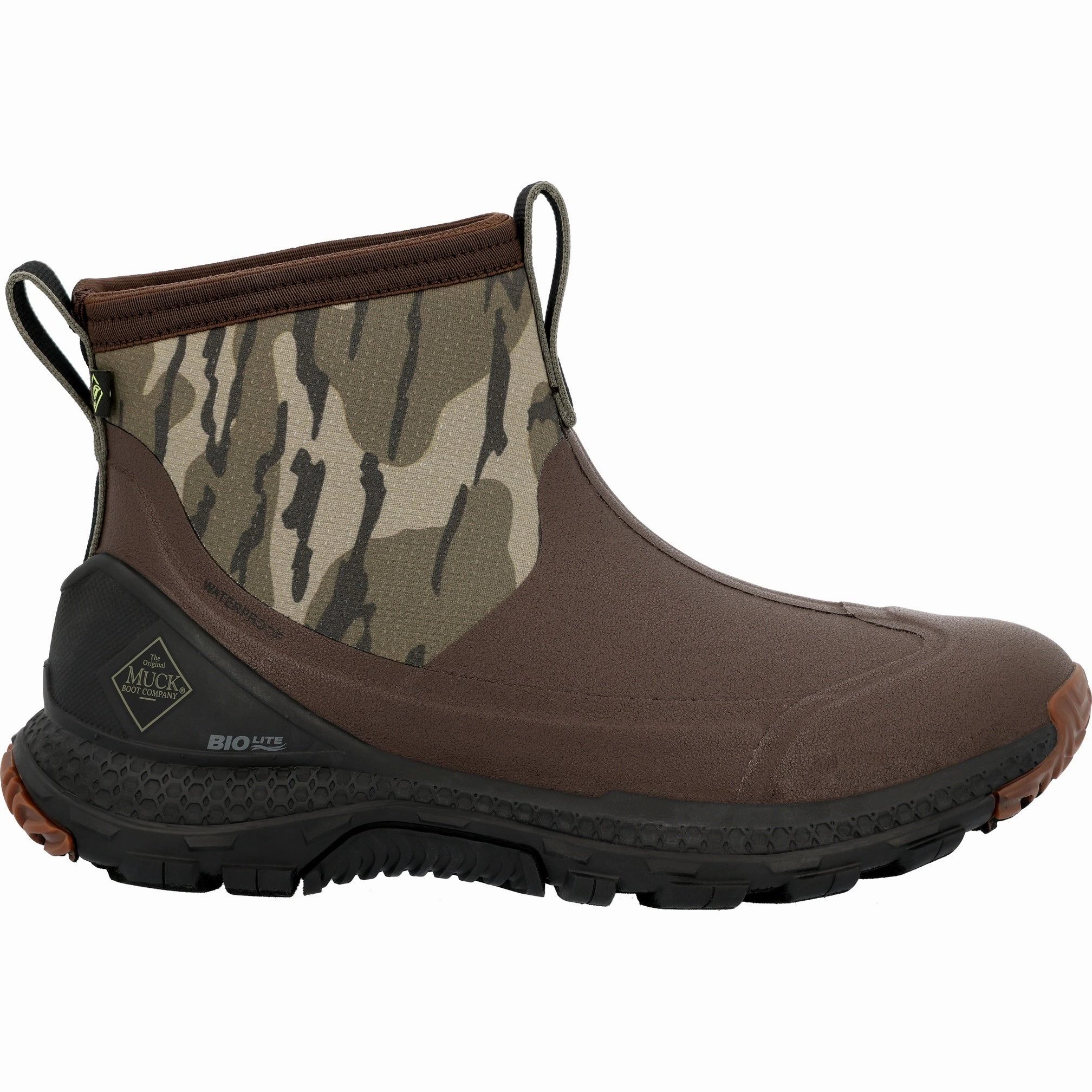 Muck Men's Mossy Oak? Bottomland Outscape Max Ankle Boot MTSMMOB2 In Buffalo Tan Stretchable waterproof construction