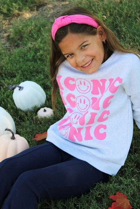 Iconic Happy Face Embroidery Graphic Tween Sweatshirt Casual Chic Still Glow