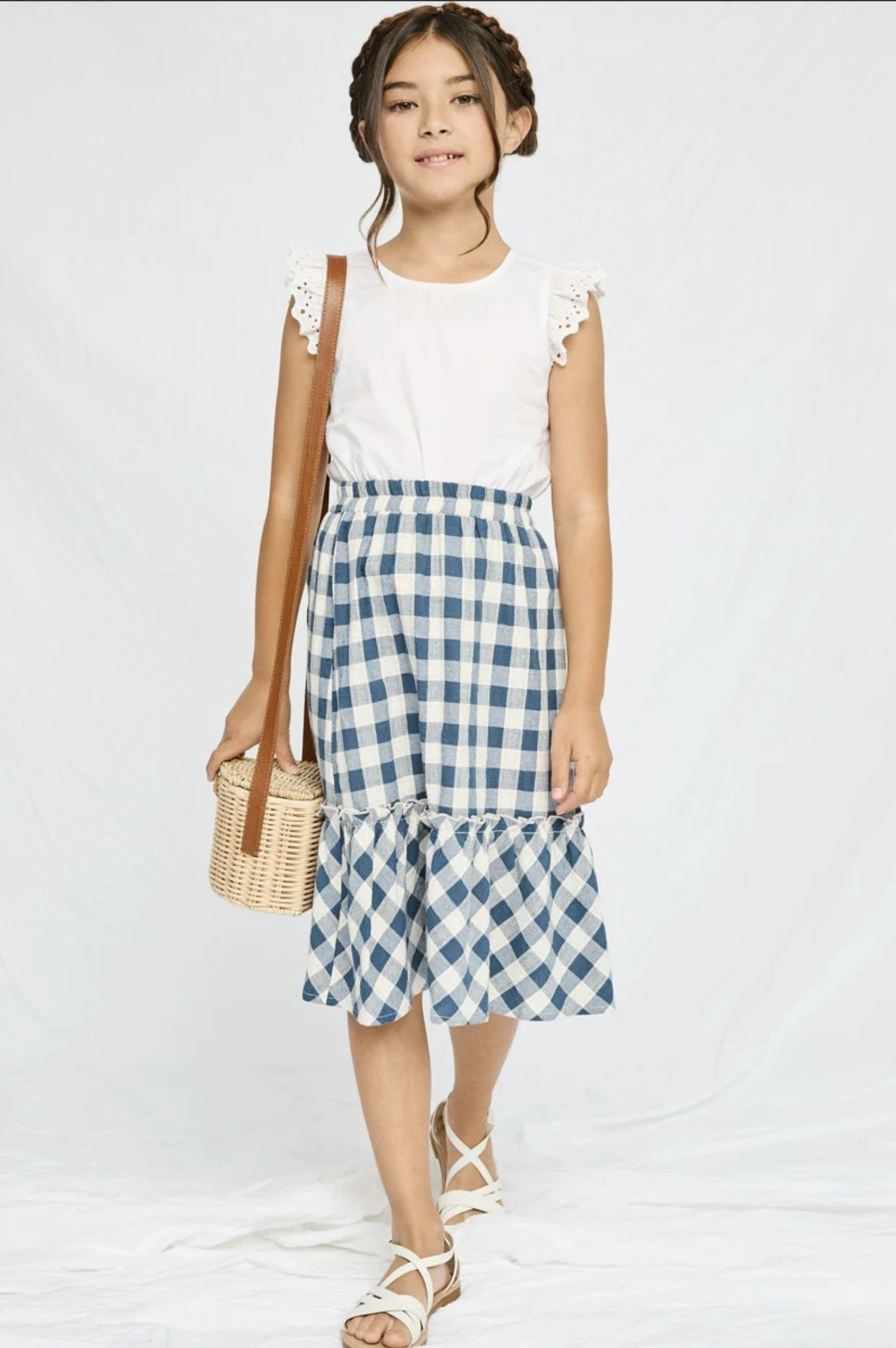 Breathable Material Girls Checkered Ruffle Tiered Skirt