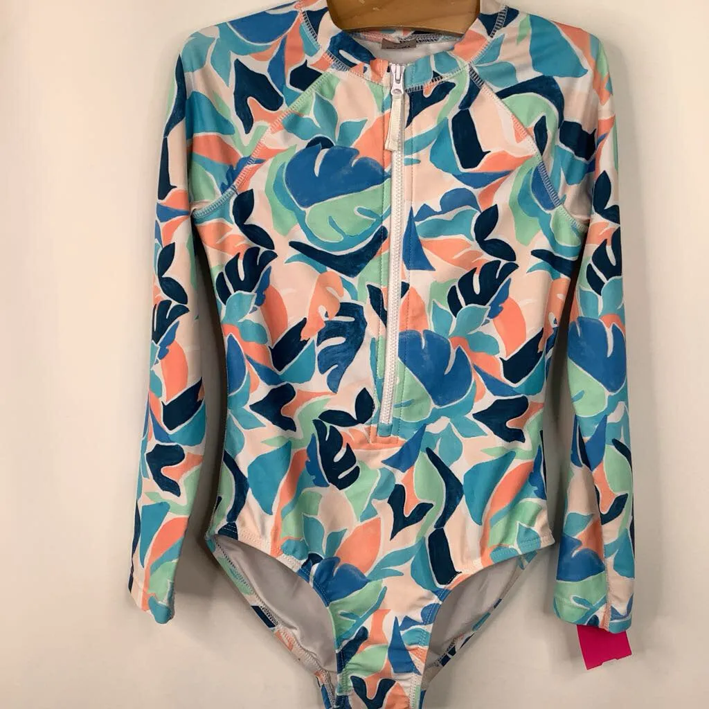 Size 8: Old Navy Blue/Orange/Green Leaves Long Sleeve 1pc Swimsuit Getaway-Pack