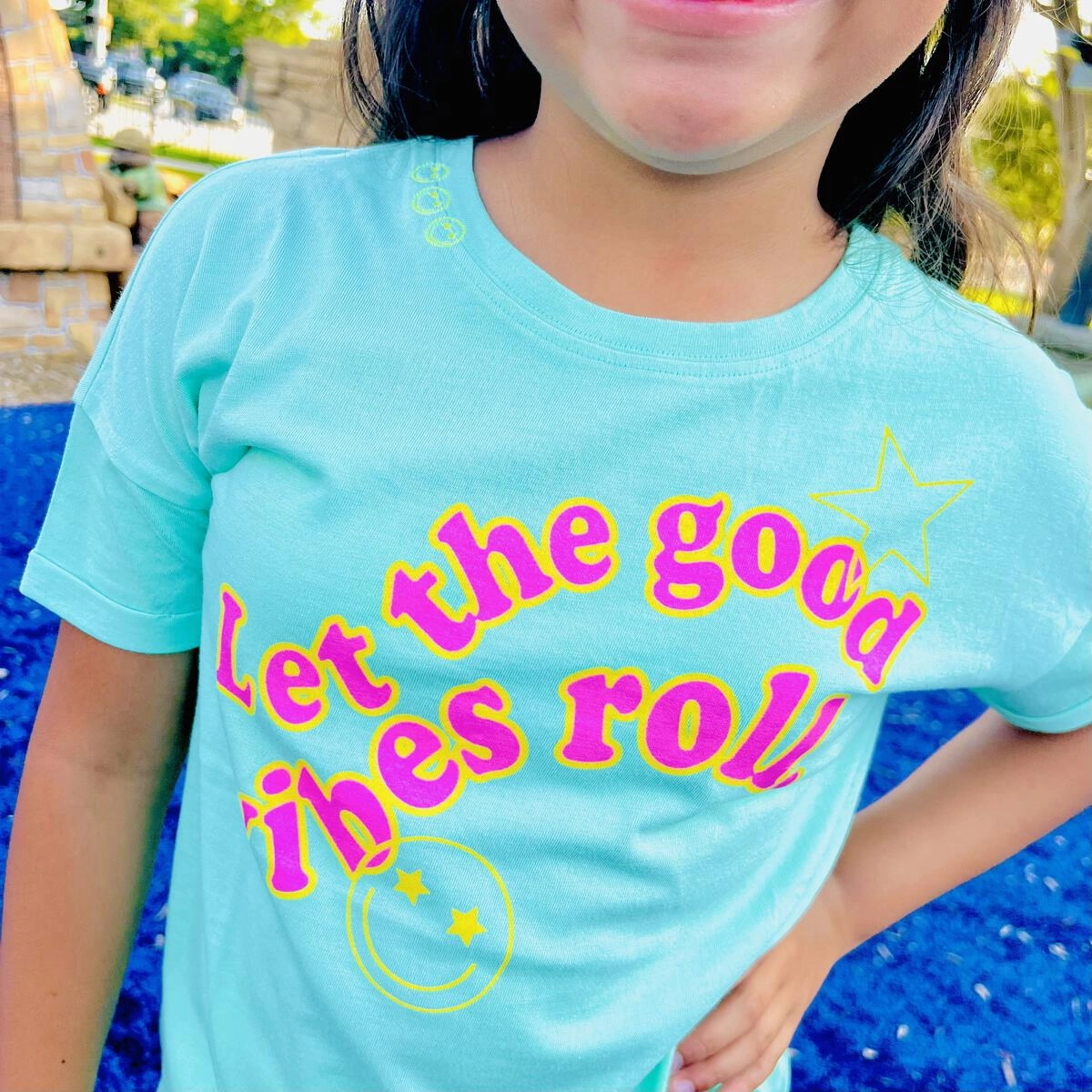 Let the Good Vibes Roll Graphic Tee MultiPanelCut NonBindingCollar