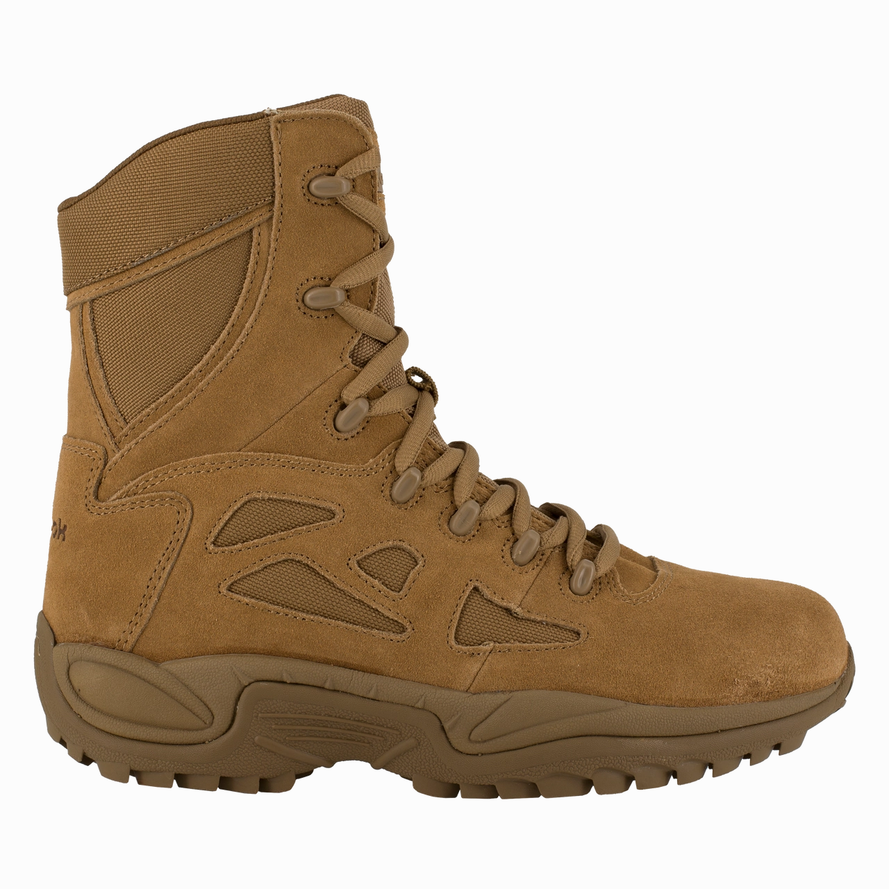 Reebok Work Rapid Response RB RB8977 Men's 8" Stealth Boot in Coyote Moisture Wicking Socks Hydrophobic Knit