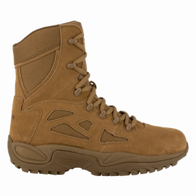Reebok Work Rapid Response RB RB8977 Men's 8" Stealth Boot in Coyote Moisture Wicking Socks Hydrophobic Knit