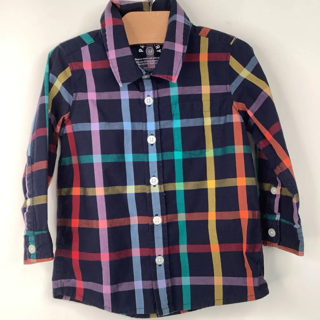 Golf wear for kids Size 12-18m: Primary Blue/Colorful Checkered Collared Button-Up Long Sleeve Shirt