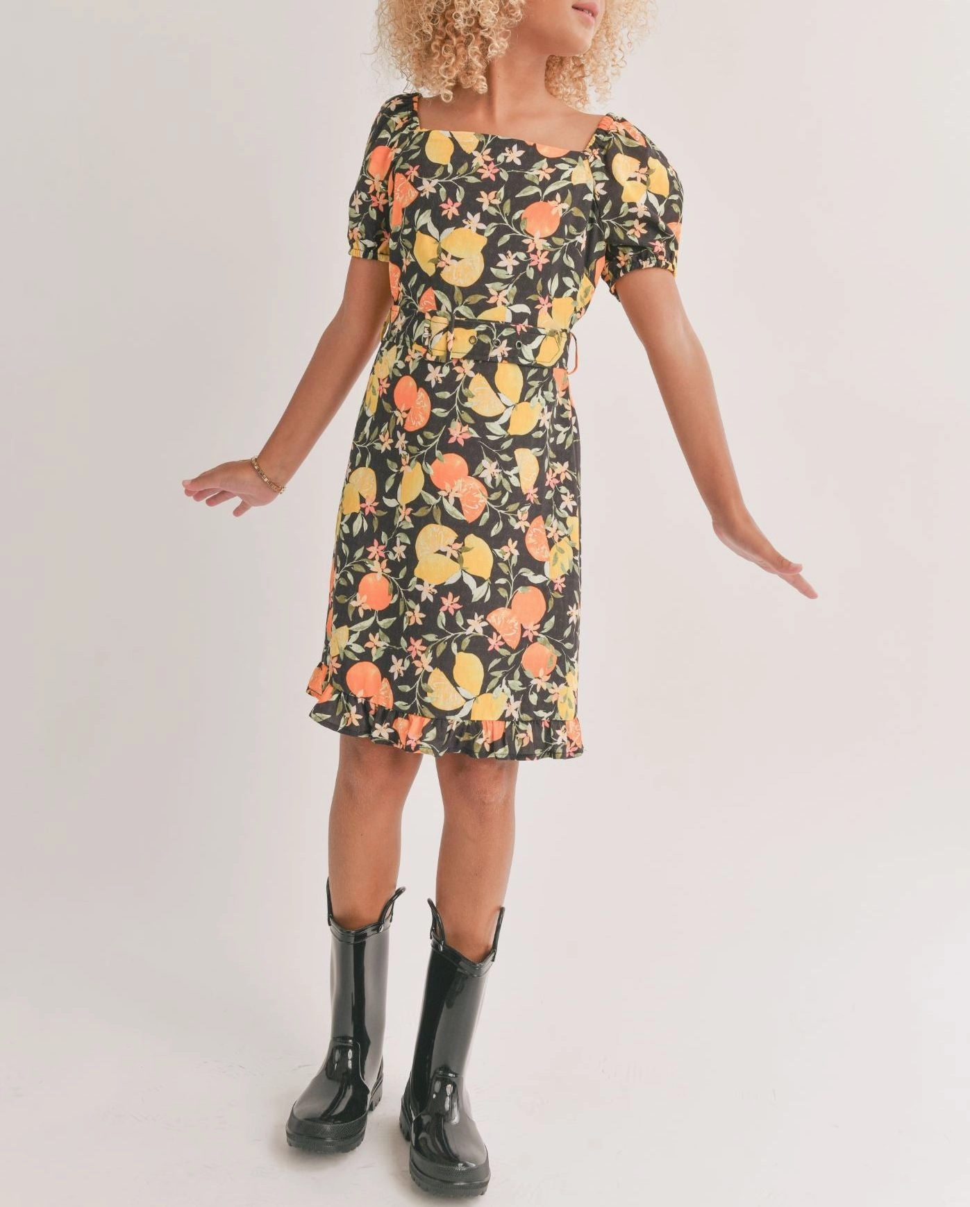 Tween Fruitful Square Neck Belted Mini Dress Shine Mood AntiPilling Technology