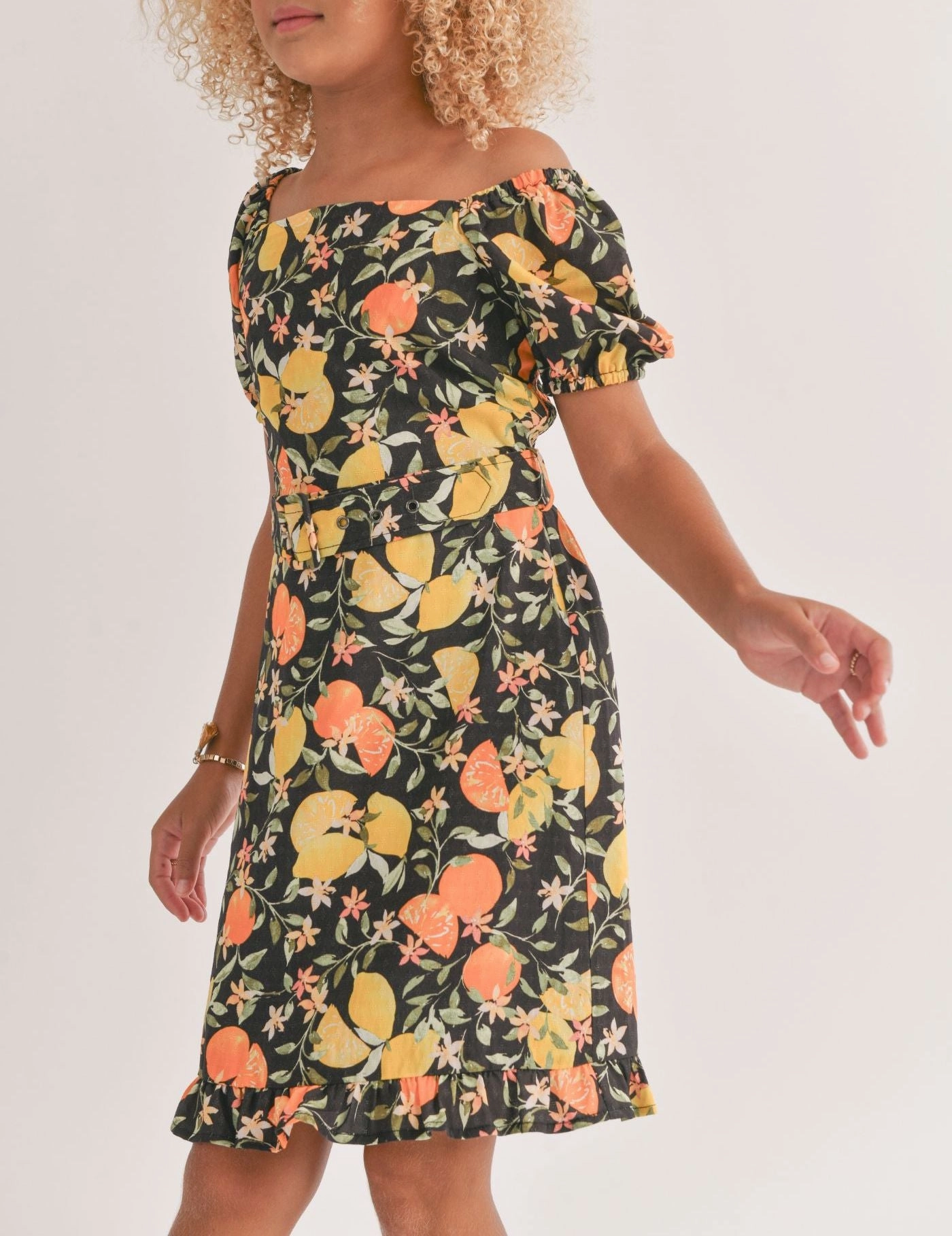 WrinkleResistantCloth Tween Fruitful Square Neck Belted Mini Dress