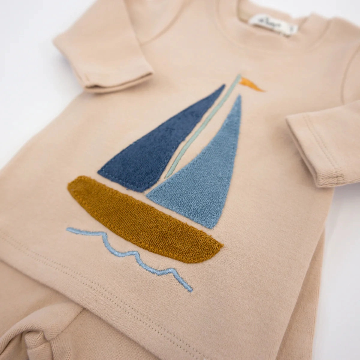 Two Piece Set - Sailboat Applique - Almond Layered Clothing