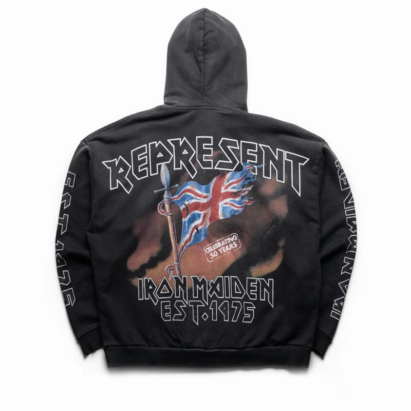 Iron Maiden x Represent Steed Hoodie - Stained Black SplitHemDesign