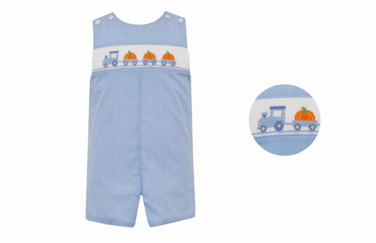 UVProtection Coating Smocked Truck & Pumpkins Blue Microcheck Jon Jon