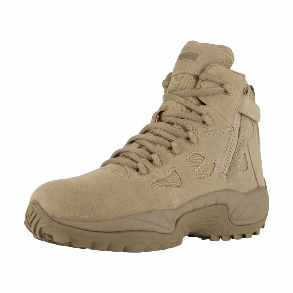 Reebok Rapid Response Rb 6" Tactical Stealth Boot With Side Zipper Men's Composite Toe Rb8694 In Desert Tan Water Resistant Lining
