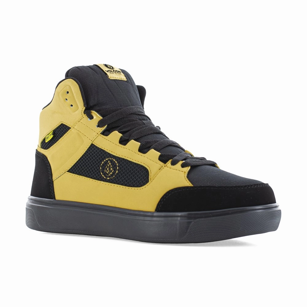 Volcom Men's Skate Inspired High Top Work Shoe Composite Toe Evolve Vm30239 In Black And Yellow Rugged Design Rugged Cushion