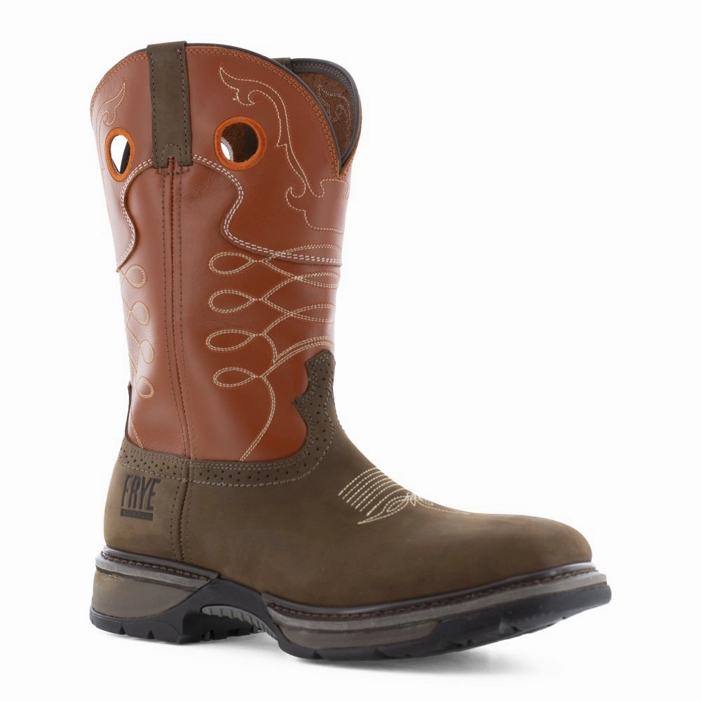 Waterproof Protective Gear Frye 10" Men's Unlined Western Work Boot Steel Toe Fr40102 In Brown And Burnt Orange
