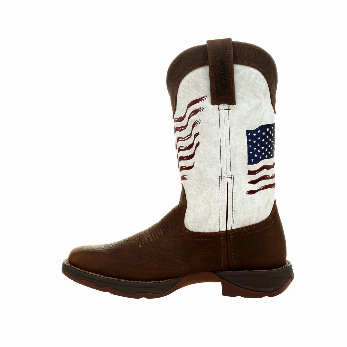 Durango Lady Rebel Women's Distressed Flag Embroidery Western Boots Drd0394 In Bay Brown And White Customizable Fit Features